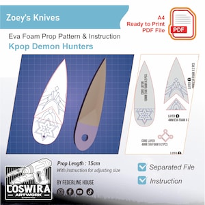 Może przedstawiać: Ilustracja wzoru noża do rekwizytów, zatytułowana "Zoey's Knives" i "Kpop Demon Hunters". Projekt zawiera dwa szablony noży, diagramy i tekst "Prop Length: 15cm". Wzór jest plikiem PDF gotowym do druku.