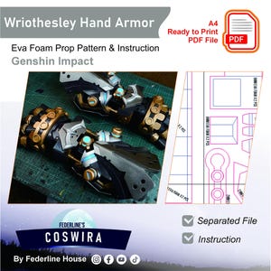 May include: Image of Wriothesley Hand Armor, a prop pattern and instruction set for Genshin Impact. The image shows two detailed hand armor pieces in black, gold, and blue. The design includes intricate details and is ready to print as a PDF file.