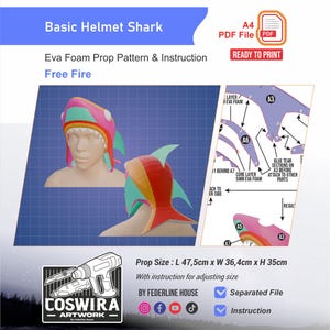 May include: A colorful shark-themed helmet prop pattern and instruction set for the game Free Fire. The helmet design features red, orange, green, and pink accents. The prop measures approximately 18.7 inches long, 14.3 inches wide, and 13.8 inches high. Includes a PDF file.