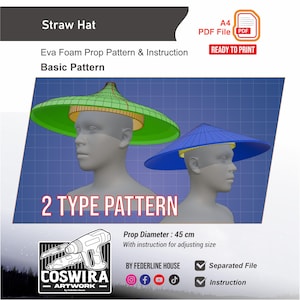 May include: An illustration of two straw hats, one green and one blue, with a diameter of 45 cm. The image includes text that reads "Straw Hat," "Eva Foam Prop Pattern & Instruction," and "2 TYPE PATTERN." The design is ready to print.