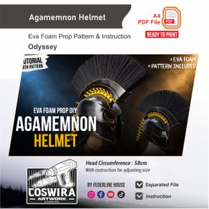 Könnte beinhalten: Ein Agamemnon-Helm EVA-Schaumstoff-Bastelmuster und Anleitungsset. Der Helm ist schwarz mit einer goldenen Kammbasis und einem großen schwarzen Bürstenkamm. Text beinhaltet Agamemnon Helmet, EVA Foam Prop Pattern und Head Circumference: 58cm.