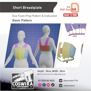May include: A digital pattern for a short breastplate, featuring a basic design for Eva foam props. The image includes a 3D model wearing the breastplate, with dimensions of 14 inches in height and 12 inches in width. The pattern is ready to print.