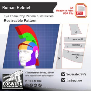 May include: A digital pattern for a Roman helmet, featuring a colorful design with red, green, yellow, blue, and purple sections. The pattern includes instructions and is resizable. The helmet's circumference is 22 inches.