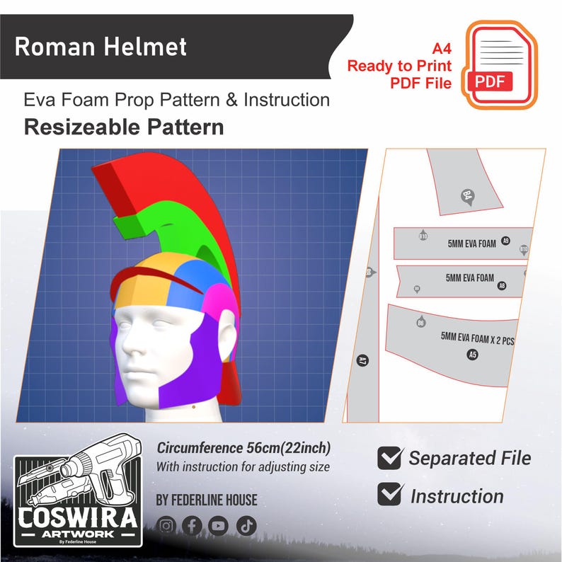 May include: A digital pattern for a Roman helmet, featuring a colorful design with red, green, yellow, blue, and purple sections. The pattern includes instructions and is resizable. The helmet's circumference is 22 inches.