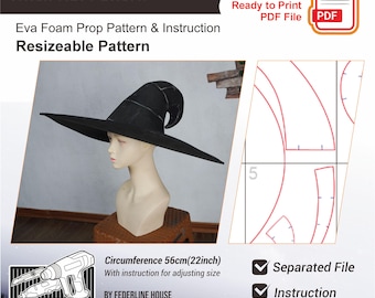 May include: A black witch hat pattern with a wide brim and pointed crown, displayed on a mannequin head. The pattern includes instructions and is a ready-to-print PDF file. The hat's circumference is 22 inches. The text on the image says "Witch Hat Pattern".