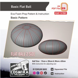 Puede incluir: Patrón digital para una bola plana, con dos tamaños: 15 cm x 30 cm y 30 cm x 60 cm. La imagen muestra un modelo 3D de la bola con líneas de cuadrícula rojas. Incluye instrucciones y está listo para imprimir en PDF A4.