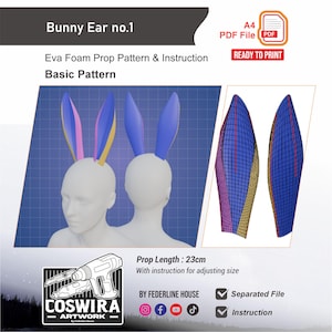 Pode incluir: Bunny Ear no.1 Eva Foam Prop Pattern and Instruction. Um arquivo PDF digital A4 para um acessório de orelha de coelho com 23 cm de comprimento. A imagem mostra duas cabeças de manequim brancas com orelhas de coelho azuis e amarelas.
