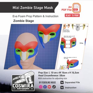 May include: Mizi Zombie Stage Mask EVA foam prop pattern and instruction A4 PDF file. The mask features red, blue, green, and white sections. Prop size is 10 cm x 16 cm x 16.5 cm for a 58 cm head circumference. Includes assembly diagrams.