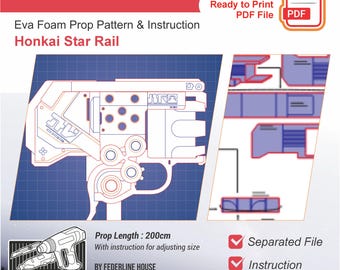 Puede incluir: Un plano para un patrón de utilería de espuma Eva de un "Blast Hammer" de "Honkai Star Rail". El diseño está en líneas blancas sobre un fondo de cuadrícula azul. La longitud del accesorio es de 200 cm. Incluye un archivo PDF e instrucciones.
