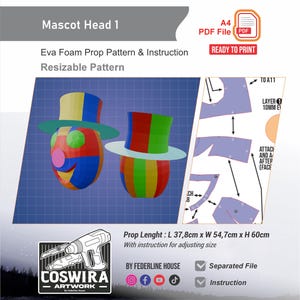 Puede incluir: Patrón digital para una cabeza de mascota, con dos cabezas de dibujos animados coloridas con sombreros de copa. El patrón incluye instrucciones y es un archivo PDF redimensionable, listo para imprimir. Las dimensiones del accesorio son de aproximadamente 37,8 cm de largo, 54,7 cm de ancho y 60 cm de alto.