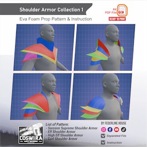 Puede incluir: Ilustración digital que muestra cuatro diseños diferentes de armaduras de hombro. La imagen incluye el texto "Shoulder Armor Collection 1" y "Eva Foam Prop Pattern & Instruction". Los diseños presentan varios colores y formas, con una lista de patrones, incluyendo "Sorcerer Supreme Shoulder Armor".