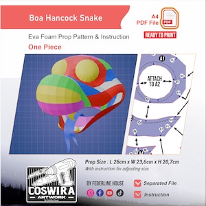 Può includere: Un modello di puntello in schiuma Eva colorato per un Boa Hancock Snake, pronto per la stampa. Il design include un rendering 3D della testa del serpente e le istruzioni. Le dimensioni dell'oggetto di scena sono 26 cm di lunghezza, 23,6 cm di larghezza e 20,7 cm di altezza.