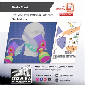 May include: A digital pattern for a Rudo mask, featuring a purple, pink, and green design. The image includes a 3D rendering of the mask on a mannequin head, along with instructions and a PDF file icon. The mask measures 15cm x 17.6cm x 15cm.