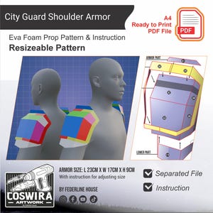 May include: Digital pattern for City Guard Shoulder Armor. The image shows a 3D model wearing the armor, with a diagram of the pattern. The armor size is 9 inches long, 6.7 inches wide, and 3.5 inches high. Includes instructions and a resizable pattern.