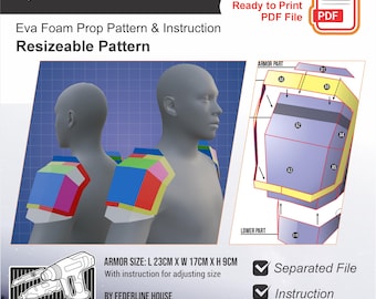 May include: Digital pattern for City Guard Shoulder Armor. The image shows a 3D model wearing the armor, with a diagram of the pattern. The armor size is 9 inches long, 6.7 inches wide, and 3.5 inches high. Includes instructions and a resizable pattern.