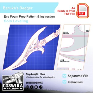 May include: A blueprint-style illustration of a dagger, labeled "Baruka's Dagger" and "Solo Leveling." The design includes a detailed outline of the dagger's shape, with a prop length of 66cm. The image also includes instructions and a ready-to-print PDF file.