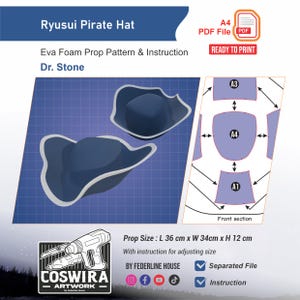 Könnte beinhalten: Ein digitales Schnittmuster für einen Ryusui-Piratenhut aus Dr. Stone, inklusive Anleitung für EVA-Schaumstoff-Requisiten als PDF-Datei. Das fertige Requisit misst 36 cm Länge, 34 cm Breite und 12 cm Höhe. Enthält die Schnittteile A1, A3 und A4.