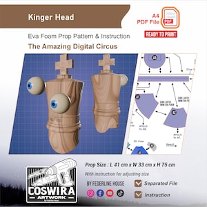 Op de afbeelding: Een digitaal PDF-bestand voor een Kinger Head EVA-schuim rekwisietpatroon van The Amazing Digital Circus. De afbeelding toont het ontwerp, montageschema's en afmetingen van 41 cm bij 33 cm bij 75 cm, inclusief instructies voor maatvoering.