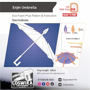 May include: Blueprint-style illustration of an Enjin Umbrella prop, with a prop length of 80cm. Includes instructions and a separated file for easy printing. The design is labeled "Gachiakuta" and is ready to print.
