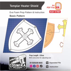 Puede incluir: Patrón de escudo térmico Templario. El diseño presenta una forma de escudo con una cruz en el centro. La longitud del accesorio es de 63 cm. Incluye instrucciones y un archivo separado. Listo para imprimir.