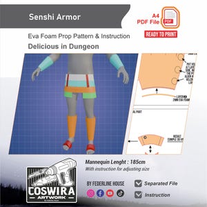 May include: Digital pattern for Senshi Armor, featuring an Eva foam prop pattern and instructions. The design includes a mannequin with a height of 185cm, with adjustable sizing. The image also includes the text "Delicious in Dungeon."