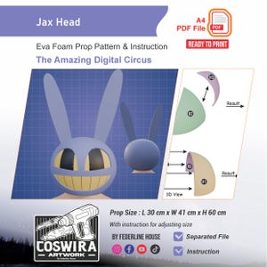 May include: A digital pattern for an EVA foam Jax head prop from The Amazing Digital Circus. The A4 PDF file includes assembly instructions and diagrams showing component parts H1, H2, and H3. The finished prop measures 30 cm by 41 cm by 60 cm.