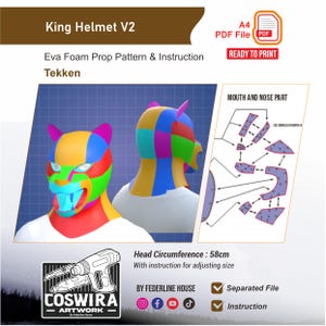 Puede incluir: Un patrón de casco King Helmet V2 colorido para Tekken, hecho de espuma Eva. La imagen muestra un modelo 3D del casco con una circunferencia de cabeza de 58 cm e incluye instrucciones. El diseño está listo para imprimir.