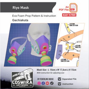 Może przedstawiać: Cyfrowy wzór maski Riyo, z fioletowym, różowym i zielonym wzorem. Obraz zawiera render 3D maski i instrukcje. Rozmiar maski to 15 cm długości x 17,6 cm szerokości x 15 cm wysokości. Zawiera plik PDF.
