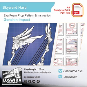 Puede incluir: Ilustración estilo plano de la Skyward Harp de Genshin Impact. La imagen incluye un patrón detallado e instrucciones para un accesorio de espuma Eva, con una longitud de 120 cm. El diseño está listo para imprimir como archivo PDF.