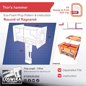May include: A blueprint for a Thor's hammer prop from Record of Ragnarok. The design includes dimensions: 51 inches long, 35 inches wide, and 24 inches high. The image also includes the text "Ready to Print PDF File".