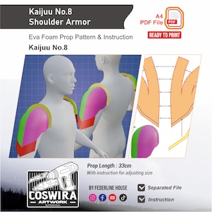 Könnte beinhalten: Digitale Illustration der Kaijuu No.8 Schulterpanzerung, mit rosa, grünen und roten Elementen. Das Bild zeigt ein 3D-Modell der Rüstung auf einer Schaufensterpuppe sowie ein Muster und Anweisungen. Die Requisitenlänge beträgt 33 cm.