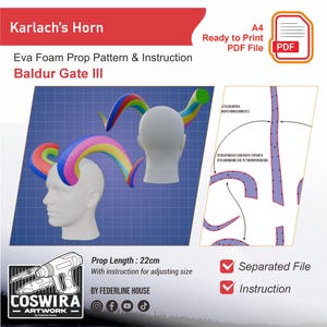May include: Eva foam prop pattern for Karlach's Horn from Baldur's Gate III. The design features a pair of rainbow-colored horns, with a prop length of 8.66 inches. Includes instructions and a separated PDF file for easy printing.
