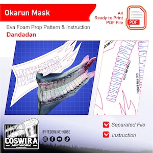 May include: A digital pattern for an Okarun mask, featuring a detailed prop design and instructions. The image includes a 3D rendering of the mask, along with pattern pieces and text that reads "Dandadan" and "Coswira Artwork". The pattern is ready to print as a PDF file.