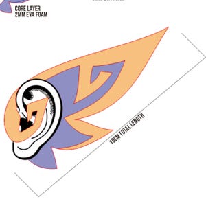 Pode incluir: Gr&aacute;fico estilizado de orelha com design roxo e laranja. O comprimento total &eacute; de 15 cm. O texto "CORE LAYER 2MM EVA FOAM" est&aacute; inclu&iacute;do.