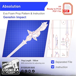Puede incluir: Un patrón e instrucciones para una prop de espuma Eva, "Absolution", de Genshin Impact. El diseño presenta un plano detallado del arma, con una longitud de 100 cm. Incluye un archivo PDF listo para imprimir.