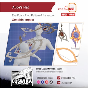 May include: Digital pattern for Alice's Hat from Genshin Impact, ready to print. The image shows a 3D model of the headpiece, with instructions and a head circumference of 58cm. The pattern is an Eva foam prop.