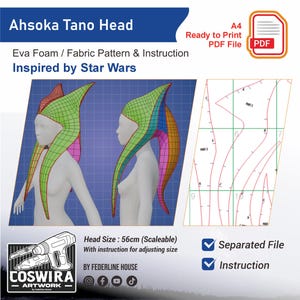 May include: Digital pattern for an Ahsoka Tano headpiece, inspired by Star Wars. The design includes an Eva foam and fabric pattern, with instructions. The head size is 56cm (scalable). The image also shows a ready-to-print PDF file.