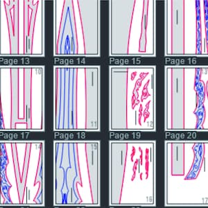 May include: A grid of twelve rectangular illustrations with a gray background. Each illustration features a design with red, blue, and white lines. The text "Page" followed by a number is at the bottom of each illustration.