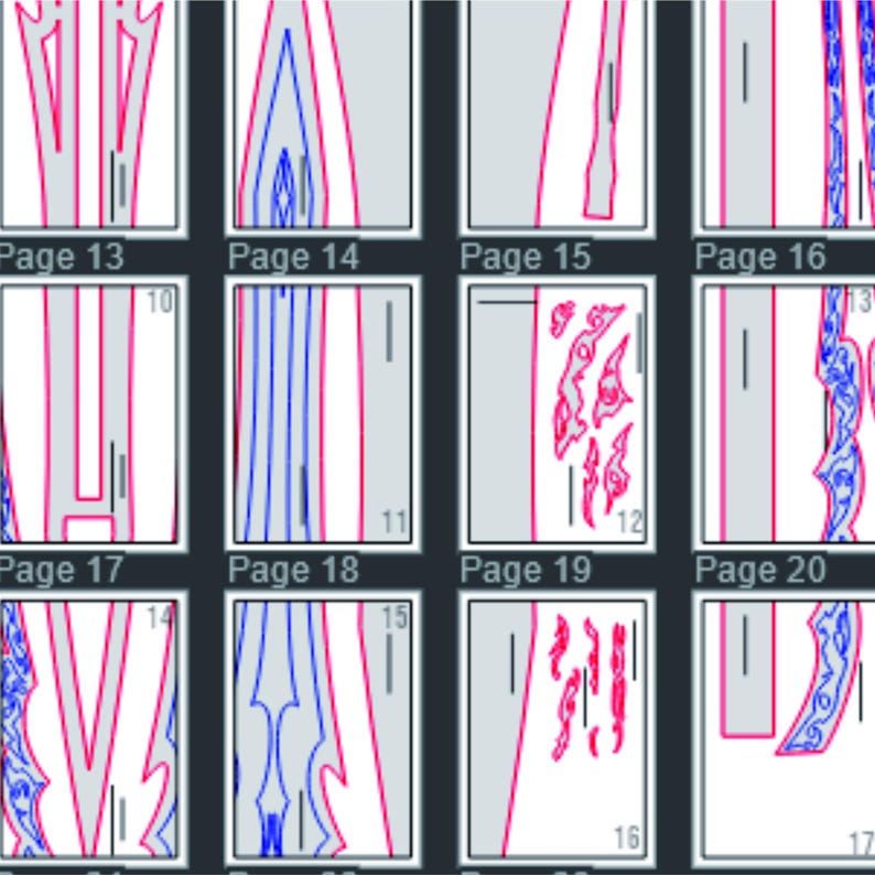 May include: A grid of twelve rectangular illustrations with a gray background. Each illustration features a design with red, blue, and white lines. The text "Page" followed by a number is at the bottom of each illustration.