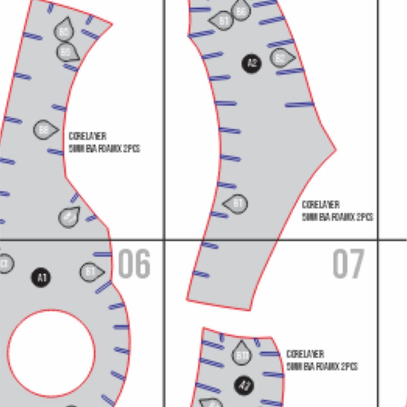 May include: Close-up of a pattern sheet with gray shapes outlined in red. The sheet is divided into sections labeled with numbers and letters. Text includes "CORELAYER" and "EVA FOAMX 2PCS".