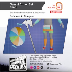 Senshi Armor Set 3-i-1 EVA Foam Mönster PDF – Rustning, Yxa & Kokgryta Dungeon Meshi Inspirerad Cosplay Bundle