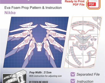 May include: A digital pattern for Eva foam wings, labeled "Isabel's Wings" and "Nikke." The design features a blueprint-style layout with wing patterns and instructions. The prop width is 212cm. Includes a PDF file ready to print.