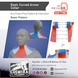 May include: A digital pattern for a Basic Curved Armor Collar, designed for Eva foam. The image shows a 3D model wearing the collar, with red, white, and blue accents. Includes instructions and a separated file. Prop size is 9.8 inches long x 15.1 inches wide x 5.1 inches high.