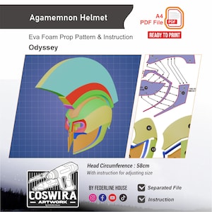 Può includere: File PDF con modello e istruzioni per accessorio in schiuma EVA Agamemnon Helmet. Il design digitale mostra un casco multicolore su uno sfondo a griglia blu con schemi di montaggio. Include una specifica per circonferenza testa di 58cm.