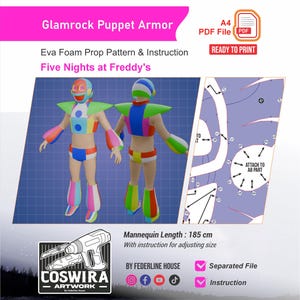 Puede incluir: Un patrón digital para la armadura de marioneta Glamrock de Five Nights at Freddy's. El diseño del disfraz colorido incluye un casco, hombreras y armadura corporal. La longitud del maniquí es de 185 cm. El patrón está listo para imprimir en PDF A4.
