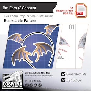 May include: A digital pattern for bat ears in two shapes, with instructions. The design features a blueprint background with illustrations of the bat ear shapes, a headband, and pattern pieces. Text includes "Bat Ears (2 Shapes)" and "Resizeable Pattern."