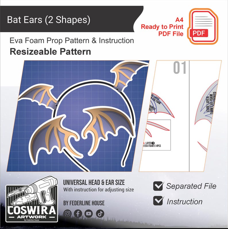 Bat Ear Prop Pattern Template – EVA Foam Pattern for Cosplay & DIY ...