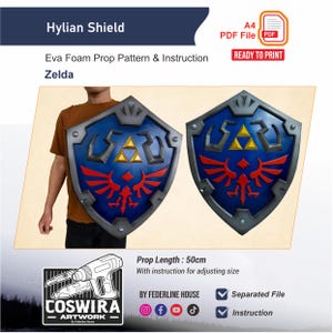 May include: Two Hylian Shield props are shown, featuring a blue shield with red and gold details. The shields have a prop length of 50cm. The image includes text that says "Hylian Shield", "Eva Foam Prop Pattern & Instruction Zelda", and "Ready to Print".