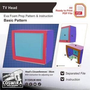 May include: A digital illustration of a retro TV head prop pattern. The design features a red-framed screen with a blue display, a purple body, and a detailed diagram. The text reads "TV Head" and "Basic Pattern". Includes instructions and a separated file.