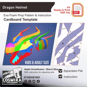 Può includere: Un modello di casco da drago colorato per bambini e adulti. Il design include una circonferenza della testa di 50 cm e 58 cm. L'immagine include anche un file PDF pronto per la stampa e le istruzioni.
